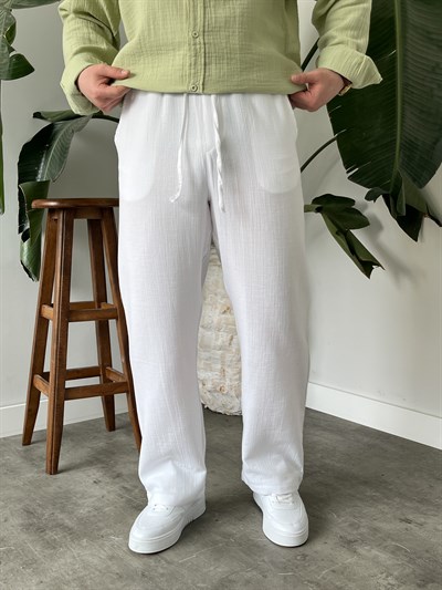 Beyaz Premium Müslin Dokulu Baggy Pantolon