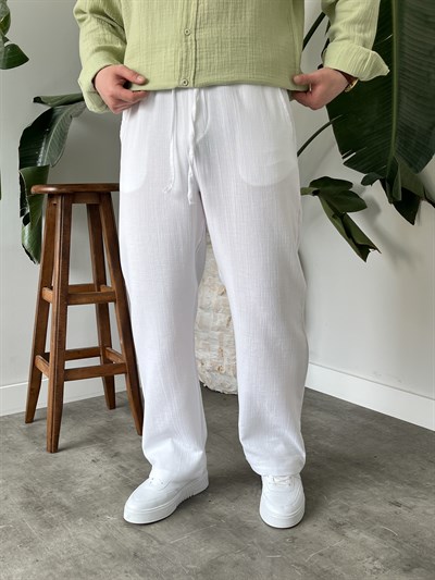 Beyaz Premium Müslin Dokulu Baggy Pantolon