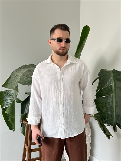 Beyaz Premium Müslin Dokulu Oversize Gömlek