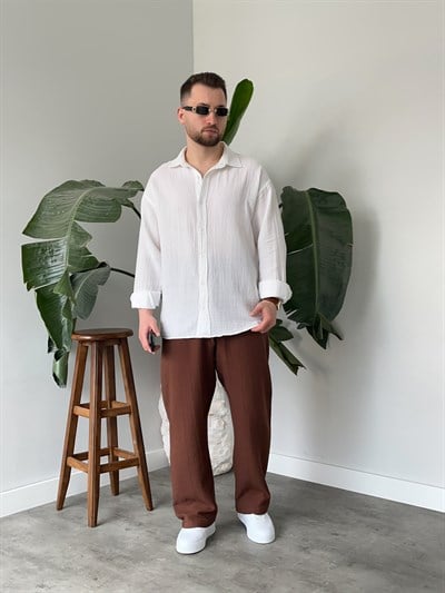 Beyaz Premium Müslin Dokulu Oversize Gömlek