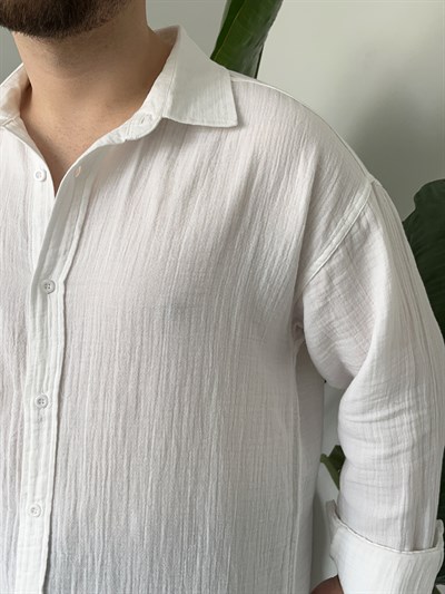 Beyaz Premium Müslin Dokulu Oversize Gömlek