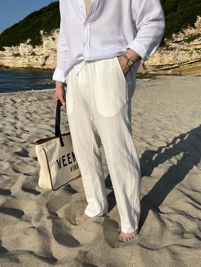 Beyaz Örgü Desen Keten Baggy Pantolon