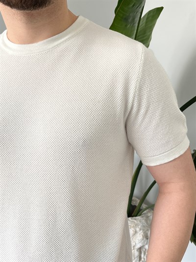 Beyaz Pirinç Örgü Triko T-shirt