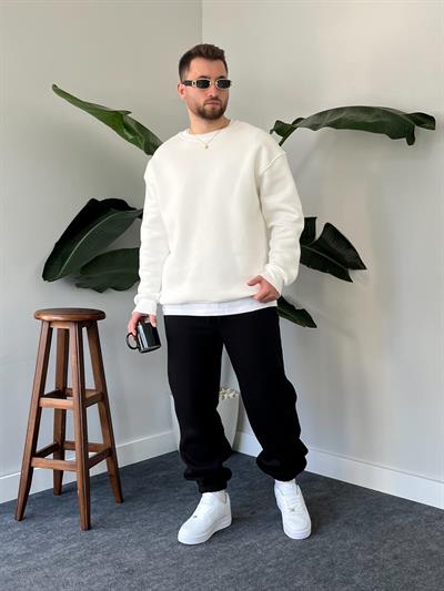 Beyaz Üç İplik Şardonlu Basic Sweatshirt