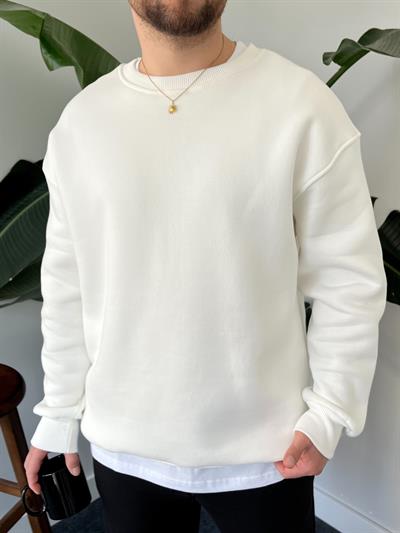 Beyaz Üç İplik Şardonlu Basic Sweatshirt