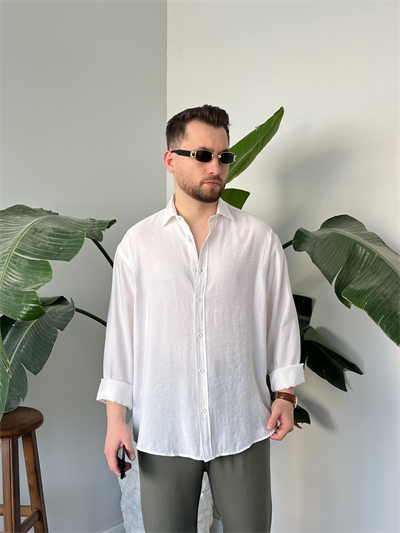 Beyaz Yıkamalı Tensel Oversize Gömlek