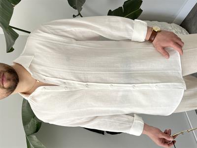 Beyaz Zincir Desen Oversize Keten Gömlek