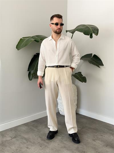 Beyaz Zincir Desen Oversize Keten Gömlek