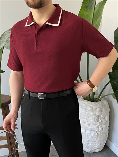 Bordo Çizgi Detay Polo Yaka Triko T-shirt