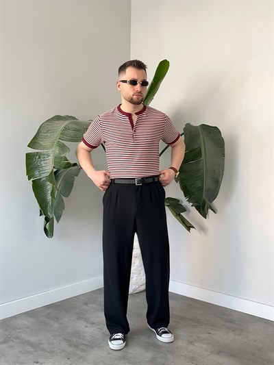 Bordo Çizgili Hakim Yaka Örme Triko T-shirt
