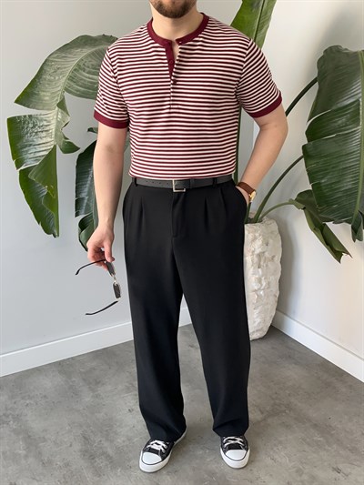 Bordo Çizgili Hakim Yaka Örme Triko T-shirt