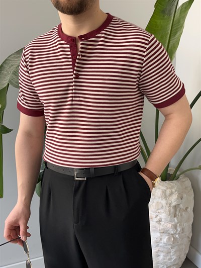 Bordo Çizgili Hakim Yaka Örme Triko T-shirt