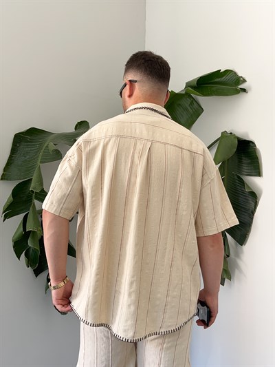 Bordo Çizgili Kontrast Dikiş Oversize Takım
