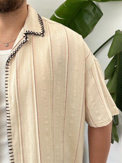 Bordo Çizgili Kontrast Dikiş Oversize Takım