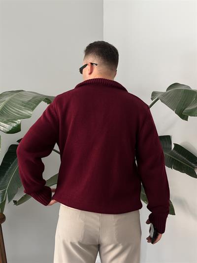 Bordo Yarım Fermuarlı Örme Kazak