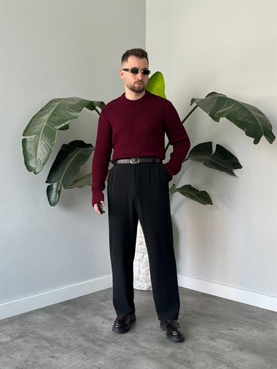 Bordo Fitilli Bisiklet Yaka Regular Triko Kazak