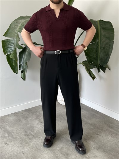 Bordo Örgü Desen Triko T-shirt