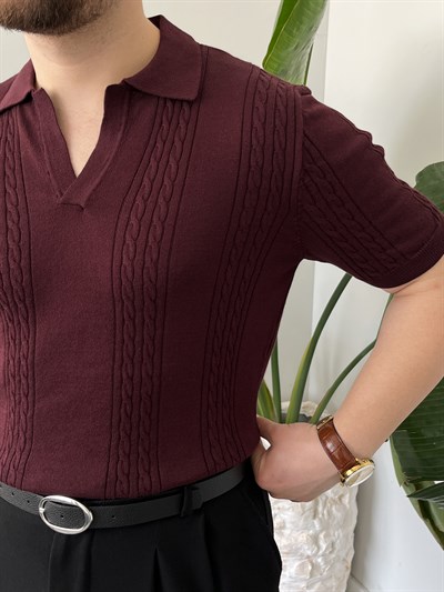 Bordo Örgü Desen Triko T-shirt