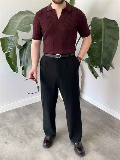 Bordo Örgü Desen Triko T-shirt