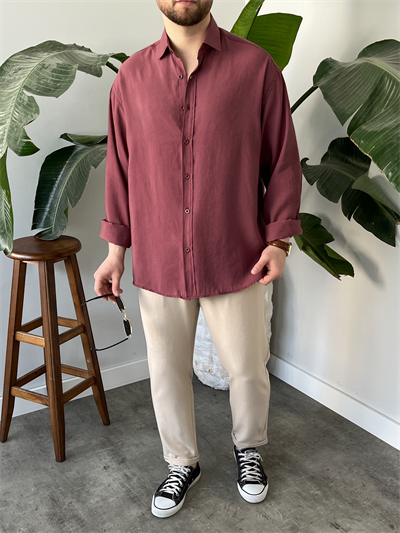 Bordo Yıkamalı Tensel Oversize Gömlek