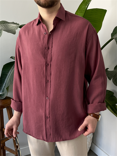Bordo Yıkamalı Tensel Oversize Gömlek
