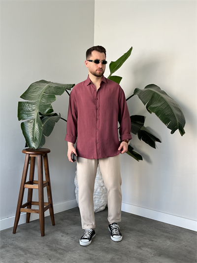 Bordo Yıkamalı Tensel Oversize Gömlek