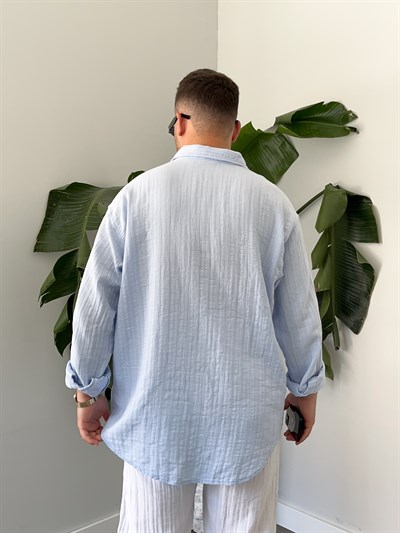 Buz Mavi Armürlü Müslin Oversize Gömlek