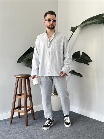 Buz Mavi Casual Çizgili Oversize Gömlek