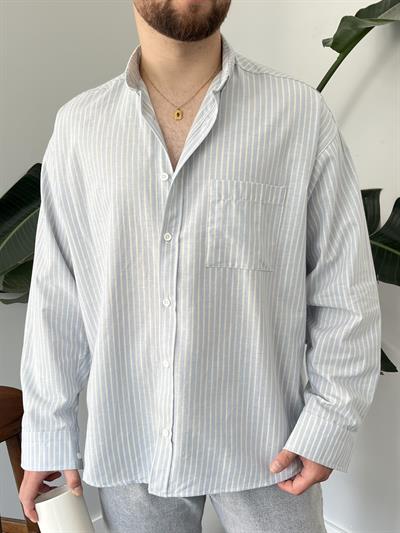 Buz Mavi Casual Çizgili Oversize Gömlek