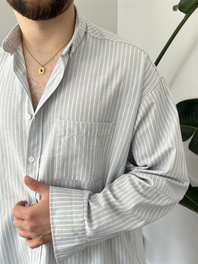 Buz Mavi Casual Çizgili Oversize Gömlek