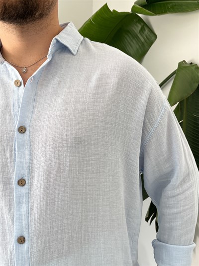 Buz Mavi Etamin Keten Oversize Gömlek