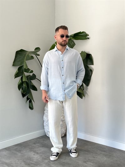 Buz Mavi Etamin Keten Oversize Gömlek
