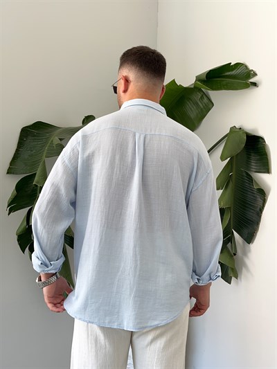 Buz Mavi Etamin Keten Oversize Gömlek