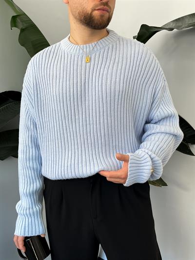 Buz Mavi Extra Dolgulu Oversize Örgü Kazak