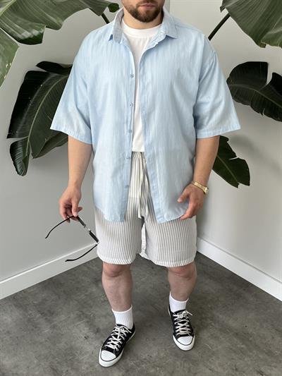 Buz Mavi Fresh Keten Oversize Gömlek