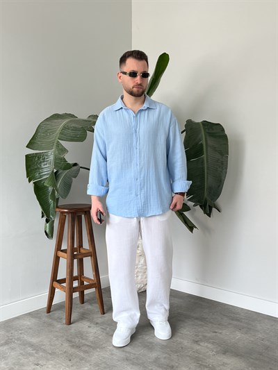 Buz Mavi Premium Müslin Dokulu Oversize Gömlek