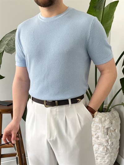 Buz Mavi Pirinç Örgü Triko T-shirt