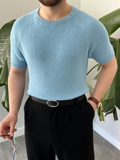 Buz Mavi Raglan Detay Basic Triko