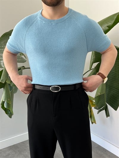 Buz Mavi Raglan Detay Basic Triko