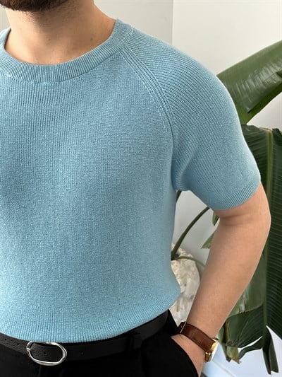 Buz Mavi Raglan Detay Basic Triko