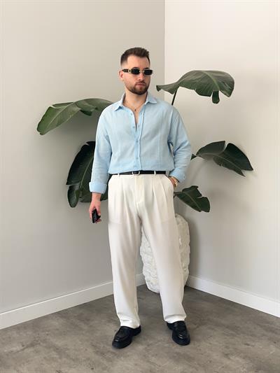 Buz Mavi Zincir Desen Oversize Erkek Keten Gömlek