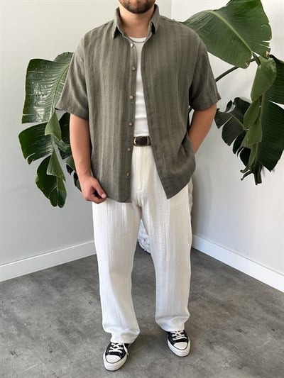 Çağla Dokulu Kısa Kollu Oversize Gömlek