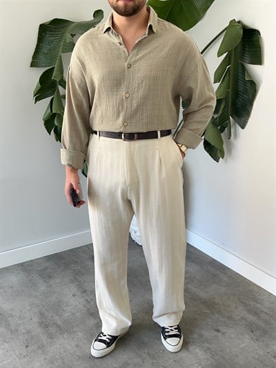 Çağla Gofre Keten Oversize Gömlek