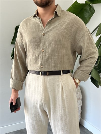 Çağla Gofre Keten Oversize Gömlek