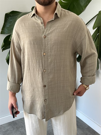Çağla Gofre Keten Oversize Gömlek