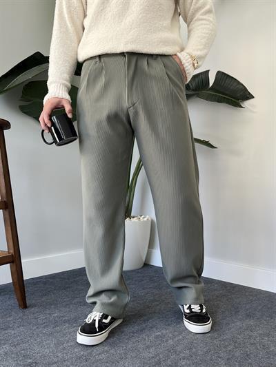 Çağla Yeşili Pileli Fitilli Baggy Pantolon