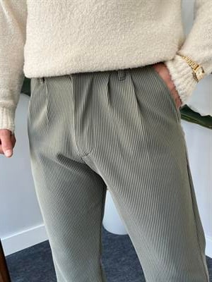 Çağla Yeşili Pileli Fitilli Baggy Pantolon