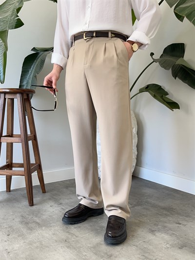 Classic Krem Baggy Kumaş Pantolon