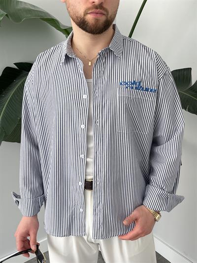 Cold Culture Nakışlı Lacivert Çizgili Oversize Gömlek