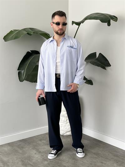 Cold Culture Nakışlı Mavi Çizgili Oversize Gömlek